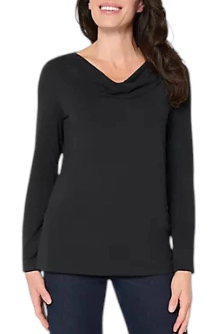 Denim & Co. Women's So Soft Jersey Long Slv Drape Neck Top Black - Plus